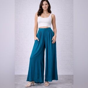 Anthropologie Elevenses Teal Silk Palazzo Pants Wide Leg Size 4